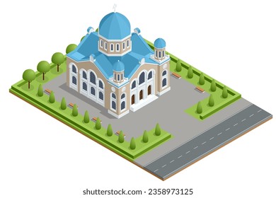 Isometric Synagogue Mosque Building. Synagogues are consecrated spaces used for the purpose of Jewish prayer, study, assembly, and reading of the Torah