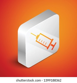 Isometric Syringe icon isolated on orange background. Syringe for vaccine, vaccination, injection, flu shot. Medical equipment. Silver square button. Vector Illustration