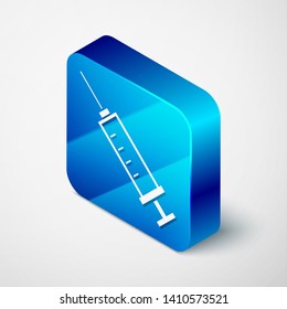 Isometric Syringe icon isolated on white background. Syringe for vaccine, vaccination, injection, flu shot. Medical equipment. Blue square button. Vector Illustration