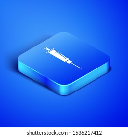 Isometric Syringe icon isolated on blue background. Syringe for vaccine, vaccination, injection, flu shot. Medical equipment. Blue square button. Vector Illustration