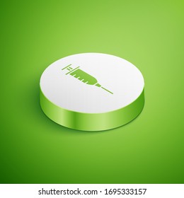 Isometric Syringe icon isolated on green background. Syringe for vaccine, vaccination, injection, flu shot. Medical equipment. White circle button. Vector Illustration