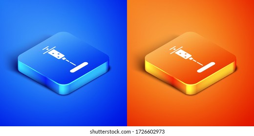 Isometric Syringe icon isolated on blue and orange background. Syringe for vaccine, vaccination, injection, flu shot. Medical equipment. Square button. Vector Illustration