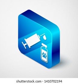Isometric Syringe with pet vaccine icon isolated on white background. Dog or cat paw print. Blue square button. Vector Illustration