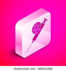 Isometric Syringe and virus icon isolated on pink background. Syringe for vaccine, vaccination, injection, flu shot. Medical equipment. Silver square button. Vector Illustration