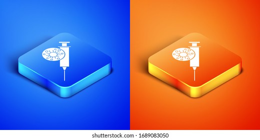 Isometric Syringe and virus icon isolated on blue and orange background. Syringe for vaccine, vaccination, injection, flu shot. Medical equipment. Square button. Vector Illustration