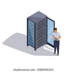 isometric system administrator configuring server, vector illustration