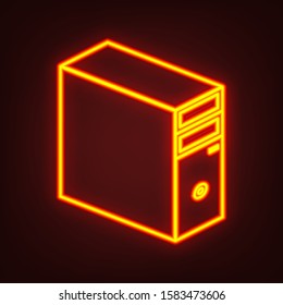 Isometric system block icon. Yellow, orange, red neon icon at dark reddish background. Illumination. Illustration.