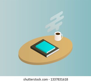 Isometric table with books isolated on background. 3d shelves filled with books. Vector illustration
