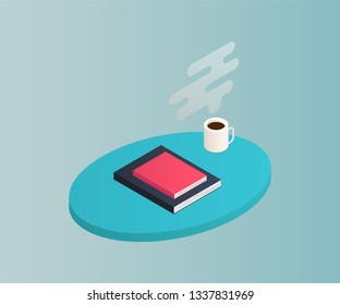 Isometric table with books isolated on background. 3d shelves filled with books. Vector illustration