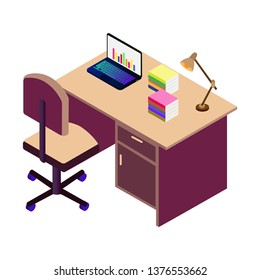 isometric table, chair and laptop isolation on white background