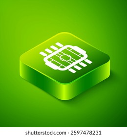 Isometric Table football game hobby or leisure icon isolated on green background. Sport team football players. Green square button. Vector