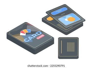 Isometric table gaming cards. Recreation 3d board game cards, monopoly game flat vector illustration on white background