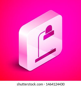 Isometric Table lamp icon isolated on pink background. Table office lamp. Silver square button. Vector Illustration