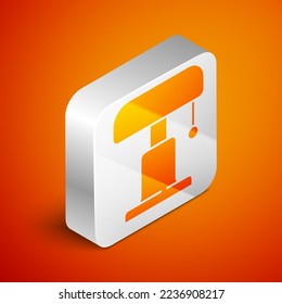Isometric Table lamp icon isolated on orange background. Silver square button. Vector