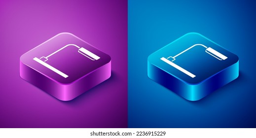 Isometric Table lamp icon isolated on blue and purple background. Square button. Vector