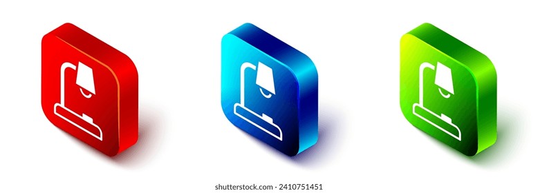 Icono de lámpara de mesa isométrica aislado en fondo blanco. Botón cuadrado rojo, azul y verde. Vector