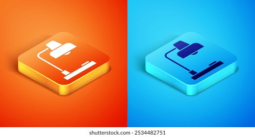 Icono isométrico de la lámpara de mesa aislado sobre fondo naranja y azul. Lámpara de escritorio.  Vector