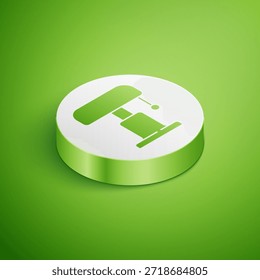 Icono isométrico de la lámpara de mesa aislado sobre fondo verde. Botón de círculo blanco. Vector