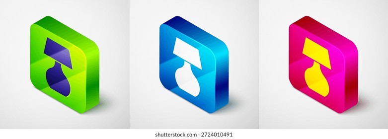 Icono isométrico de la lámpara de mesa aislado sobre fondo gris. Lámpara de escritorio. Botón cuadrado. Vector