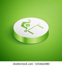 Isometric Table saw for woodwork icon isolated on green background. Power saw bench. White circle button. Vector Illustration