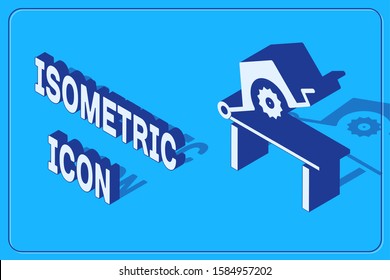 Isometric Table saw for woodwork icon isolated on blue background. Power saw bench.  Vector Illustration