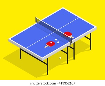 isometric table tennis with rackets and balls colorful illustration