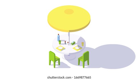 Isometric Table Umbrella Chair Dish Spoon Glass Bottle Outdoor Isolated Vector Illustration