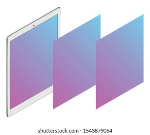 Isometric Tablet app screen mockup. Blank wireframing screens. Web-design concept - template to create and showcase your mobile ui kit. Mockup to showcasing mobile web-site design or screenshots your 
