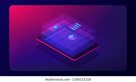 Isometric tablet with cloud analysis app information. Cloud application with charts graphics report data on the screen. Financial cloud app concept in violet color. Vector 3d ultraviolet background
