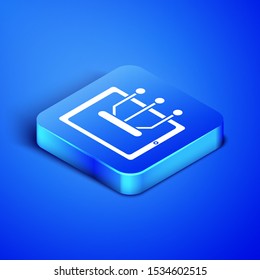 Isometric Tablet icon isolated on blue background. Blue square button. Vector Illustration