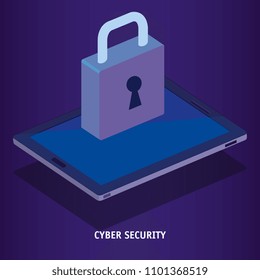 isometric tablet and padlock cyber security