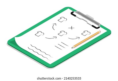 Isometric Tablet with with plan diagram of arrangement of players on football field. Leading coach by team players during game. Realistic 3D vector isolated on white back