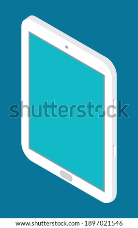Isometric tablet, smartphone or cellphone icon, modern technology. Digital device with touchscreen, tablet turned off. Device for communication or for using internet. Isolated flat icon at blue