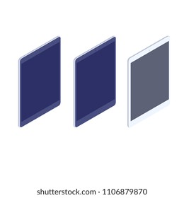 Isometric tablets kit de ilustración aislada. Elementos de diseño de tecnología e informática. Tabletas de orientación vertical con marcos blancos negros vectorial 3d dibujos animados sobre fondo blanco.