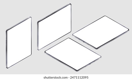 Isometric tablets mockup - Collection of devices in various angles with white empty screen. Perspective view vector illustration on grey background