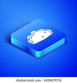 Isometric Taco with tortilla icon isolated on blue background. Traditional mexican fast food menu. Blue square button. Vector Illustration