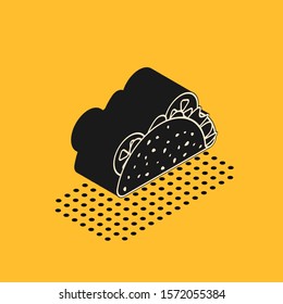Isometric Taco with tortilla icon isolated on yellow background. Traditional mexican fast food.  Vector Illustration