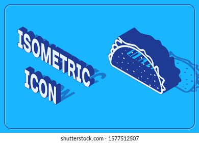 Isometric Taco with tortilla icon isolated on blue background. Traditional mexican fast food.  Vector Illustration