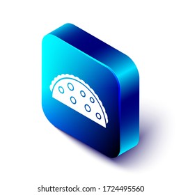 Isometric Taco with tortilla icon isolated on white background. Traditional mexican fast food menu. Blue square button. Vector Illustration