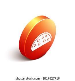 Isometric Taco with tortilla icon isolated on white background. Traditional mexican fast food menu. Orange circle button. Vector Illustration