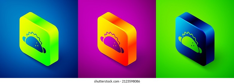 Isometric Taco with tortilla icon isolated on blue, purple and green background. Traditional mexican fast food menu. Square button. Vector