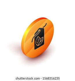 Isometric Tag with leaf symbol icon isolated on white background. Banner, label, tag, logo, sticker for eco green. Orange circle button. Vector Illustration