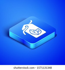 Isometric Tag with leaf symbol icon isolated on blue background. Banner, label, tag, logo, sticker for eco green. Blue square button. Vector Illustration