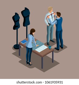 Isometric tailor, the creation of quality clothing to order, a workshop, an atelier. Tailoring. The entrepreneur working for himself, his own business set 6.