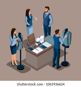 Isometric tailor, the creation of quality clothing to order, a workshop, an atelier. Tailoring. The entrepreneur working for himself, his own business set 3.