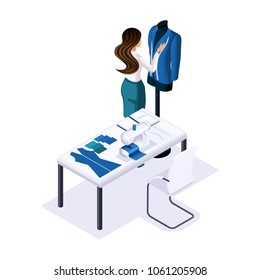 Isometric tailor, designer creates, tailoring clothes for high fashion, customers, private atelier, workshop. The entrepreneur working for himself, his own business