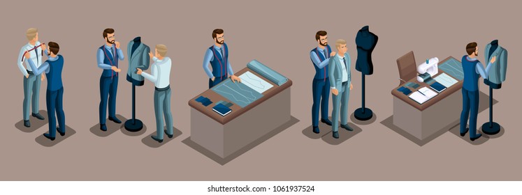 Isometric tailor, work with a client in a sewing workshop, cutting, dimensions, preparing clothes, fitting, sewing machine. The entrepreneur working for himself, his own business