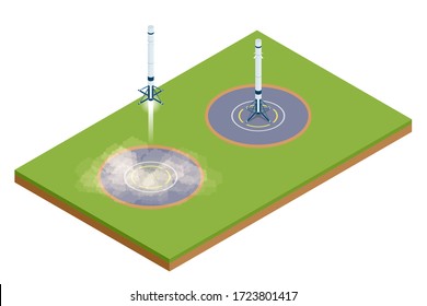 Isometric Take-off And Landing Of A Rocket. Military Sea Transport. International Army. Rocket, Launch Vehicle, Satellite, Launch Pad, Payload.