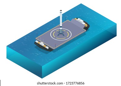 Isometric Take-off And Landing Of A Rocket From A Ship. Military Sea Transport. International Army. Rocket, Launch Vehicle, Satellite, Launch Pad, Payload.