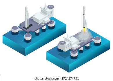 Isometric Take-off And Landing Of A Rocket From A Ship. Military Sea Transport. International Army. Rocket, Launch Vehicle, Satellite, Launch Pad, Payload.